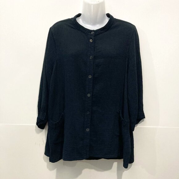 By JJ Linen Blend Button Up Shirt Black Gauze 3/4 sleeve Pockets Minimalist M - Picture 1 of 10